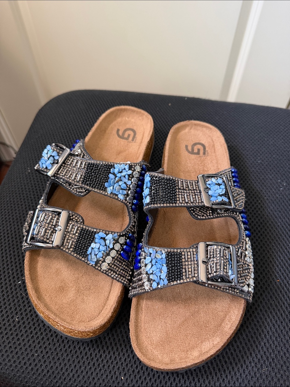 Women’s Double-Buckle Beaded Slide Sandals in Black and Light Blue